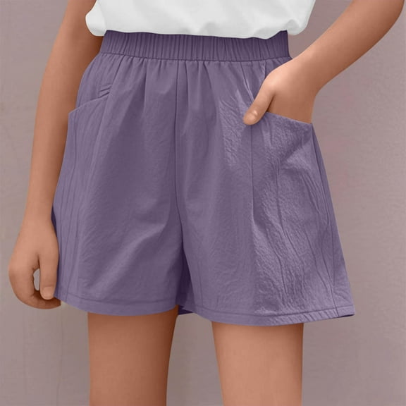 MKOSPLRT Cototn Linen Shorts for Kid 5-16 Years Elastic High Waist Baggy Wide Leg Shorts Solid Color Casual Beach Shorts with Pocket