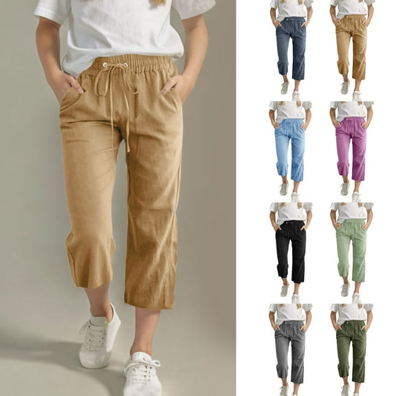 MKOSPLRT Cotton Linen Capri Pants for Girl 4-13 Years Drawstring Elastic High Waist Lounge Cropped Pants Solid Straight Leg Capris