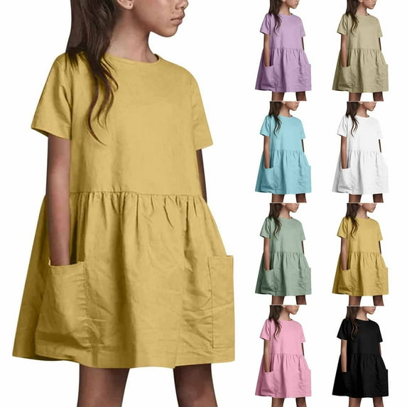 MKOSPLRT Cotton Linen Dresses for Girl Short Sleeve Crew Neck Tshirt Dress Solid Loose Fit Mini Dress Casual Summer Beach Dress with Pocket
