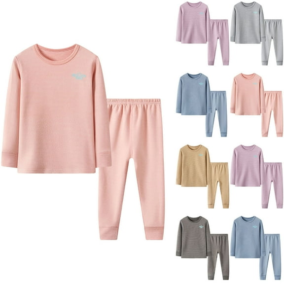 MKOSPLRT Cotton Pajamas for Kid Set 2-16Y Long Sleeve Undershirts Elastic Waist Underpants Solid Casual Loungewear Underwear