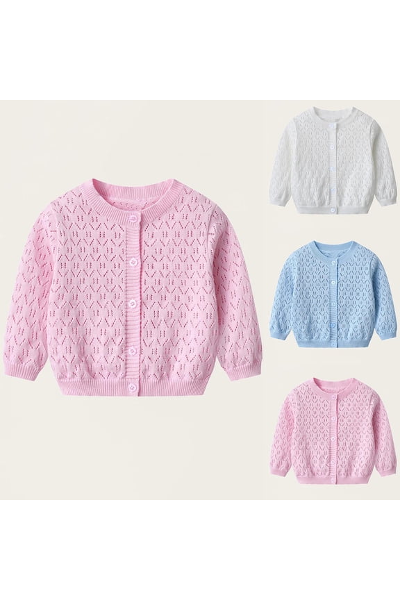 Crochet Cardigan for Little Girl 3M-12Y Toddler Hollow Out Eyelet Cardigans Solid Long Sleeve Button Down Knit Sweaters