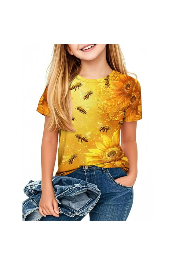 Cute Bee Graphic Tee Shirts Girl Short Sleeve Funny Inspirational Casual Tees Crew Neck Bee Day Tops Loose Fit Tshirts 3-14 Years