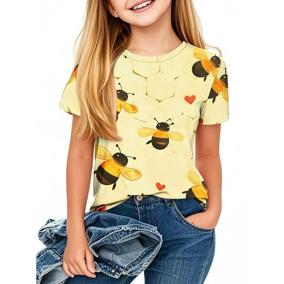 MKOSPLRT Cute Bee Graphic Tee Shirts Girl Toddler Children 3-14 Years Short Sleeve Crew Neck Funny T Shirts Casual Holiday Blouses Kids Clothes