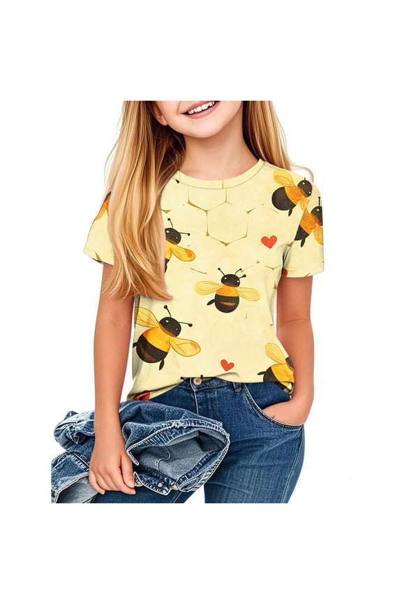 Cute Bee Graphic Tee Shirts Girl Toddler Children 3-14 Years Short Sleeve Crew Neck Funny T Shirts Casual Holiday Blouses Kids Clothes