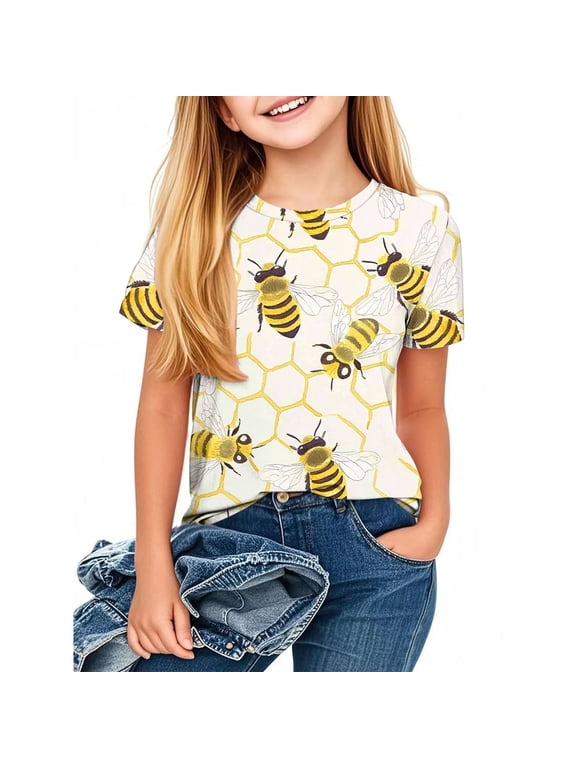 Cute T Shirts for Girl Short Sleeve Bee Graphic Tops Crew Neck Funny Shirts Lightweight Summer Tees Bee Kind Day Shirts 3-14 Years