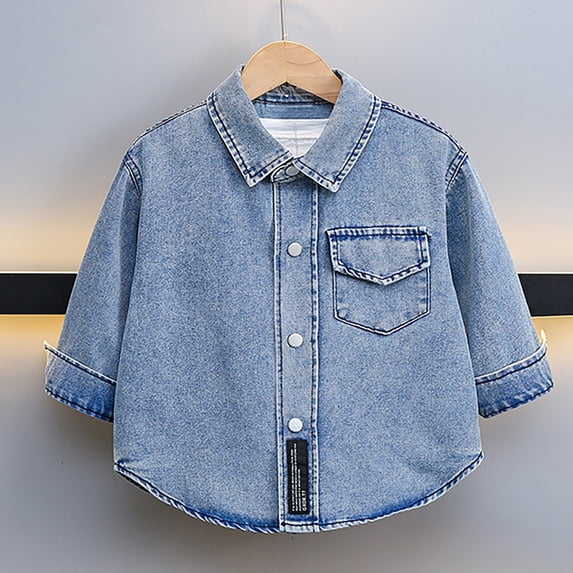 MKOSPLRT Denim Button Down Shirt Toddler Girl 1-12Y Distressed Jean Shirt Jackets Lapel Collar Button Down Long Sleeve Jacket with Pocket