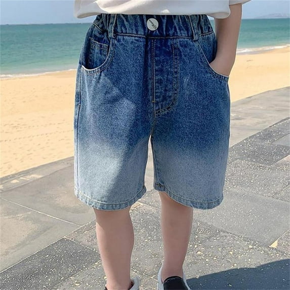 MKOSPLRT Denim Shorts for Kids Elastic Waist Distressed Jean Shorts Gradient Wash Knee Length Shorts Summer Demim Shorts with Pocket