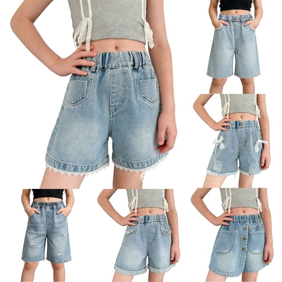 MKOSPLRT Distressed Denim Shorts for Girl 2-12Y Elastic Waist Vintage Split Button Jean Skirts Baggy Shorts with Pockets