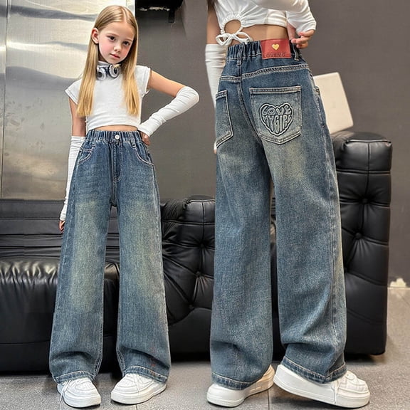 MKOSPLRT Distressed Jeans Girls 4-15Y Retro Straight Wide Leg Denim Pants High Elastic Waist Baggy Jeans Y2K Jeans for Girl with Pocket