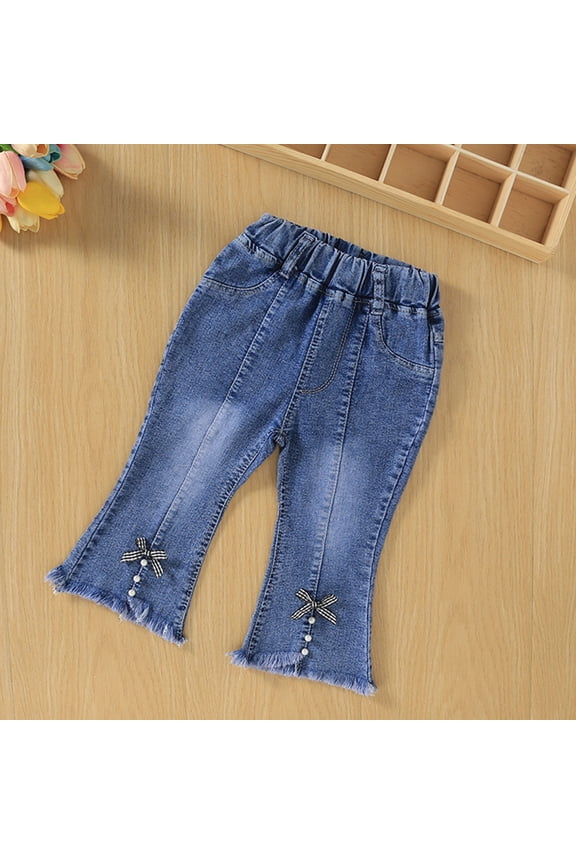 Distressed Jeans for Girl 1-6 Years High Waist Flare Jeans Retro Bootcut Denim Pants Summer Lounge Jeans with Pocket Kids Clothes