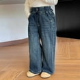 thumbnail image 1 of MKOSPLRT Distressed Jeans for Girl 2-9 Years Elastic Waist Baggy Wide Leg Jeans Retro Straight Leg Denim Pants with Pocket Gifts for Kid, 1 of 5