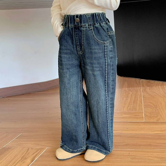 MKOSPLRT Distressed Jeans for Girl 2-9 Years Elastic Waist Baggy Wide Leg Jeans Retro Straight Leg Denim Pants with Pocket Gifts for Kid