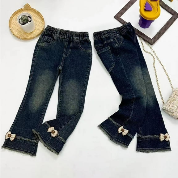 MKOSPLRT Elastic Waist Jeans for Toddler Girl Baggy Wide Leg Boot Cut Jeans Retro Bell Bottom Denim Pants Baggy Jeans with Pocket 8M-6Years