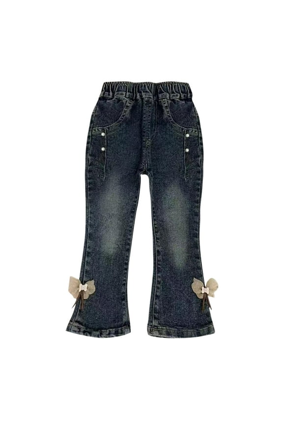 Elastic Waist Jeans for Toddler Girl Retro Wide Leg Jeans Cute Bow Bell Bottom Jeans Baggy Boot Cut Denim Pants with Pocket