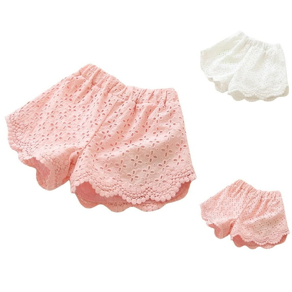 MKOSPLRT Eyelet Embroidery Shorts for Kids 2-12 Years Elatic Waist Solid Summer Shorts Cute Scallop Trim Lace Shorts Baggy Shorts