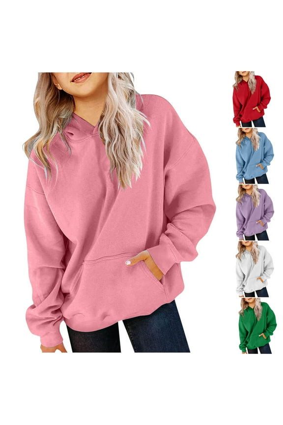 Fall Hoodies for Kids 4-14Y Long Sleeve Oversized Sweatshirts Solid Loose Fit Pullover Tops Comfy Running Sweat Shirts with Pokcet