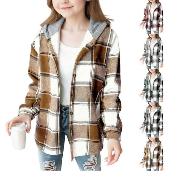 MKOSPLRT Flannel Hooded Jacket for Girl 4-15Y Button Down Palid Shacket Jacket Warm Color Block Fall Winter Jacket Coats Wool Outwear