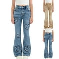 thumbnail image 1 of MKOSPLRT Flare Jeans for Girl High Elastic Waist Y2K Denim Pants Distressed Bootcut Jeans Love Heart Ripped Bell Bototm Jeans with Pocket 6-13Y, 1 of 7