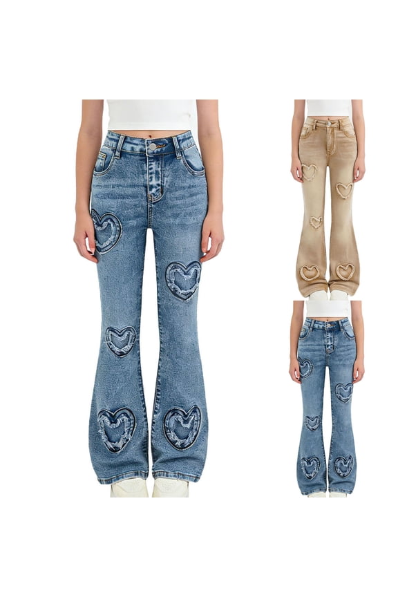 Flare Jeans for Girl High Elastic Waist Y2K Denim Pants Distressed Bootcut Jeans Love Heart Ripped Bell Bototm Jeans with Pocket 6-13Y