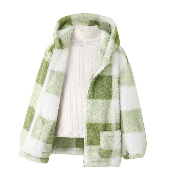 MKOSPLRT Fleece Jackets for Kid Long Sleeve Hooded Plaid Coats Warm Flannel Sherpa Hoodies Soft Comfy Outerwear with Pocket Kids Clothes