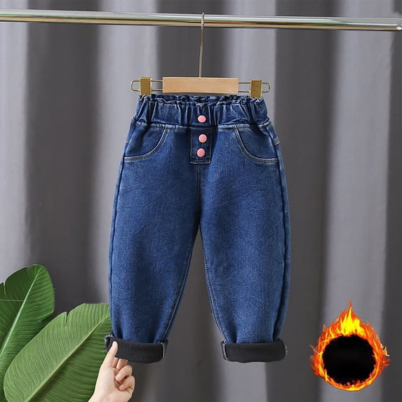 MKOSPLRT Fleece Jeans for Toddler Girl 3-8 Years High Waist Straight Leg Jeans Solid Color Lounge Denim Pants with Pocket Kids Clothes