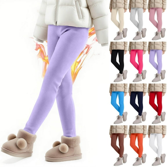 MKOSPLRT Fleece Leggings for Kids 3-13Y Warm Winter Thermal Leggings High Waist Solid Slim Fit Outwear Pants Solid Active Leggings