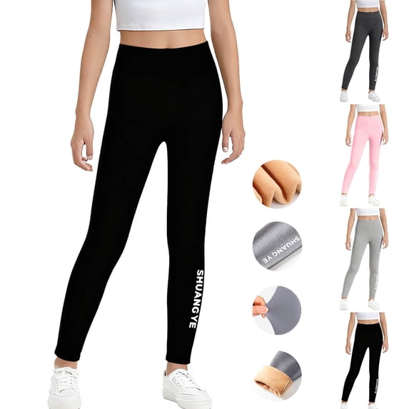 MKOSPLRT Fleece Lined Leggings for Girl 2-13Y High Waist Warm Winter Leggings Tummy Control Yoga Gym Pants Funny Letter Print Leggings