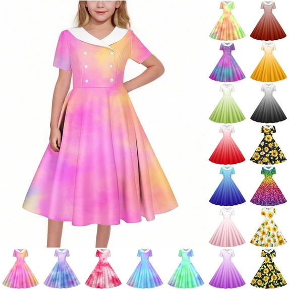 MKOSPLRT Floral Dresses for Girl 5-14 Years Short Sleeve 1950s Knee Length Dress Notch Collar Double Button Retro Midi Dresses