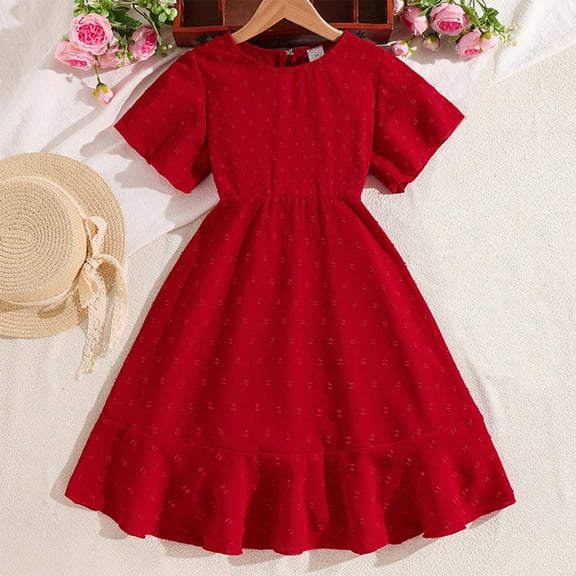 MKOSPLRT Formal Dresses for Girl 8-13 Years Short Sleeve High Waist A Line Dresses Solid Casual Ruffle Hem Textured Midi Dresses