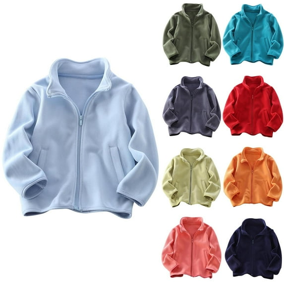 MKOSPLRT Full Zip Fleece Jackets for Kids Girls Boys 3-13 Years Long Sleeve Stand Collar Athletic Coats Solid Wram Fall Cardigans with Pocket