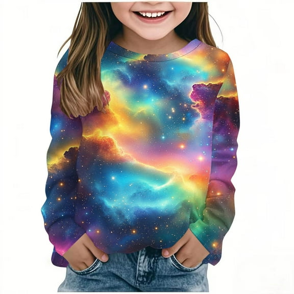 MKOSPLRT Funny Tops for Kid Girls Long Sleeve Casual Shirts Crew Neck 3D Graphic T Shirts Sparkly Night Out Tees Soft Blouses 3-14 Years