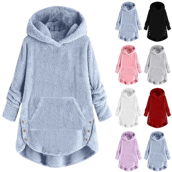 MKOSPLRT Fuzzy Fleece Hoodies for Kids 5-15Y Oversized Fluffy Warm Sweatshirts Long Sleeve Curved Hem Button Pullover with Pokcet