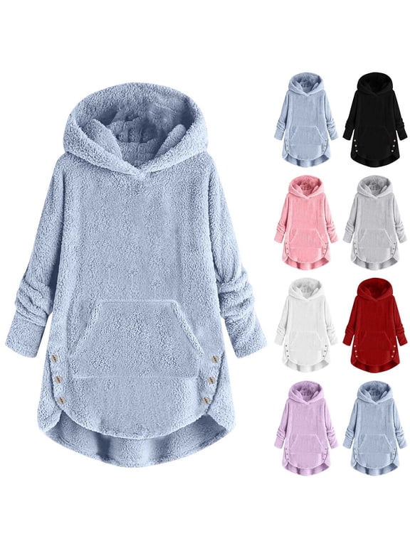 Fuzzy Fleece Hoodies for Kids 5-15Y Oversized Fluffy Warm Sweatshirts Long Sleeve Curved Hem Button Pullover with Pokcet