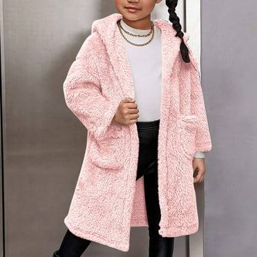 MKOSPLRT Fuzzy Fleece Long Coats Kids Open Front Hooded Jackets Warm Long Sleeve Winter Coats Solid Fluzzy Outerwear with Pocket