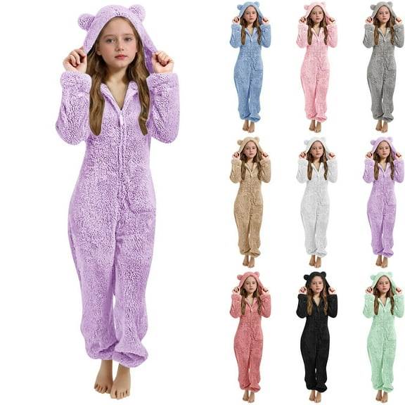 MKOSPLRT Girl Plush Hooded Jumpsuit Sherpa Fuzzy Pajamas Long Sleeve Zipper Winter Warm Fleece Onesie Rompers with Pocket 5-15Y
