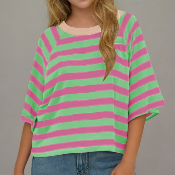 MKOSPLRT Girl's 3/4 Sleeve T Shirts Crew Neck Striped Raglan Tops Casual Color Block Shirts Loose Fit Summer Blouses Comfy Going Out Tees