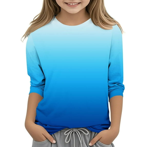 MKOSPLRT Girl's 3/4 Sleeve T Shirts Round Neck Soft Tops Casual Gradient T Shirts Loose Fit Spring Tees Comzy Holiday Blouses Gifts for Kid