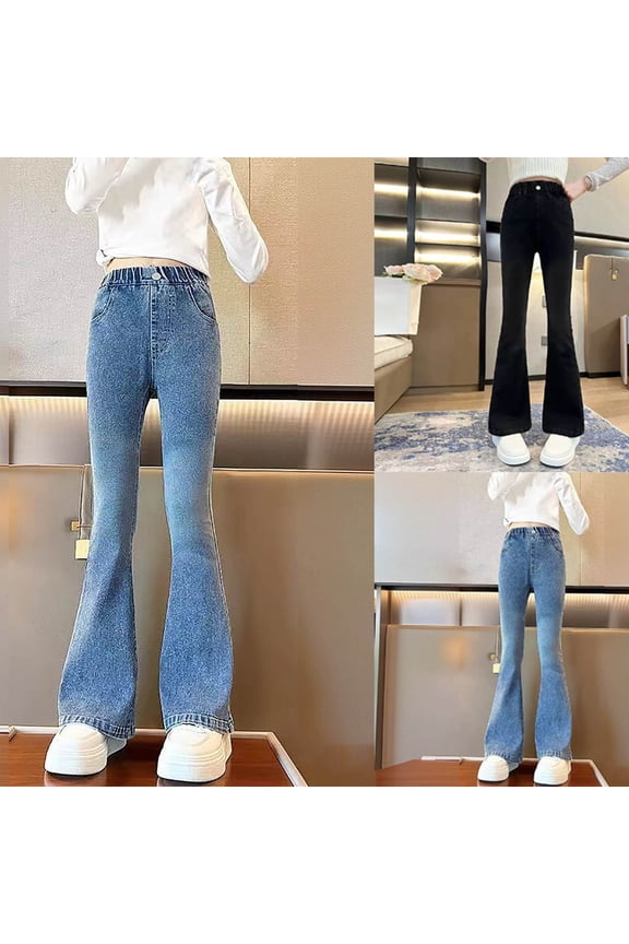 Girl's Flare Jeans 5-15Y Long Bell Bottom Wide Leg Denim Elastic Waist Wash Bootcut Jeans Slim Fit Flare Pants with Pockets
