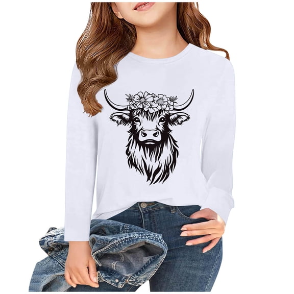 MKOSPLRT Girl's Highland Cow T Shirts Long Sleeve Casual Westerna Shirts Crew Neck Loose Fit T Shirts Comfy Spring Blouses 2-15Years