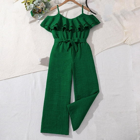 MKOSPLRT Girl's Jumpsuits Belted Ruffle Tops High Waisted Wide Leg Pants Cold Shoulder Spaghetti Strap Jumpsuits Solid One Piece Outfit 8-13Y