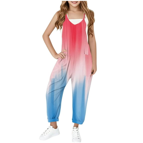 MKOSPLRT Girl's Jumpsuits Casual V Neck Spaghetti Strap Jumpers Trendy Color Block Harem Long Overalls Loose Fit Jumpsuits with Pocket