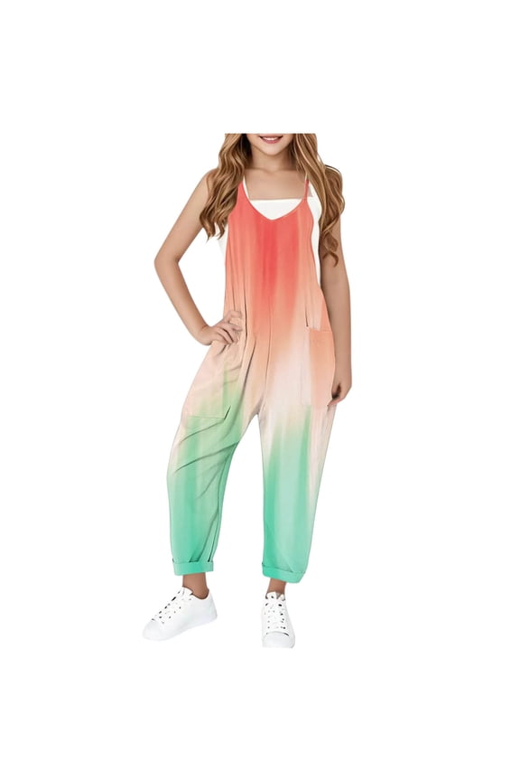 Girl's Jumpsuits Casual V Neck Spaghetti Strap Jumpers Trendy Color Block Harem Long Overalls Loose Fit Jumpsuits with Pocket