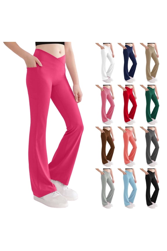 Girl's Leggings Cross High Waisted Flare Pants Yoga Bootcut Pants Solid Color Full Length Bell Bottoms with Pocket 6-15Y