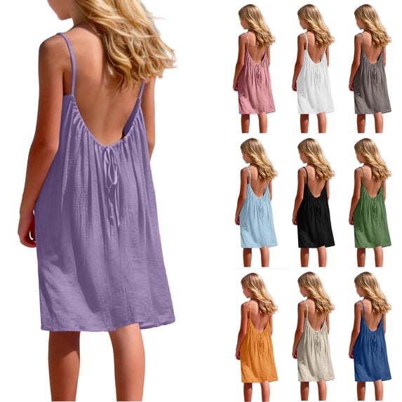 MKOSPLRT Girl's Open Back Spaghetti Strap Beach Knee Length Dress Loose Flowy Vacation Sundress Solid Cami Backless Dresses 5-14Y Light Blue 9-10 Years