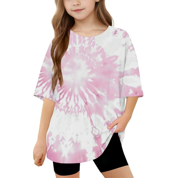 MKOSPLRT Girl's Oversized Short Sleeve Tops Crew Neck Tie Day T Shirts Loose Fit Shirts Casual Drop Shoulder Tshirts Kids Tops 5-15Y
