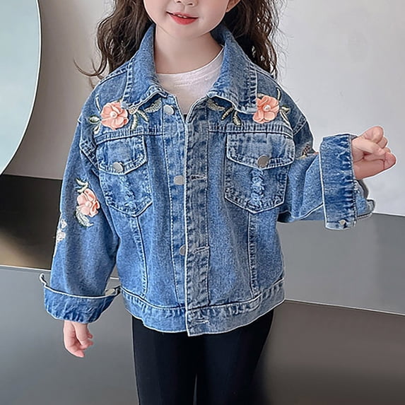 MKOSPLRT Girl's Ripped Denim Jackets 1-12Y Lapel Collar Button Down Flower Jean Coats Long Sleeve Retro Denim Coats with Pocket