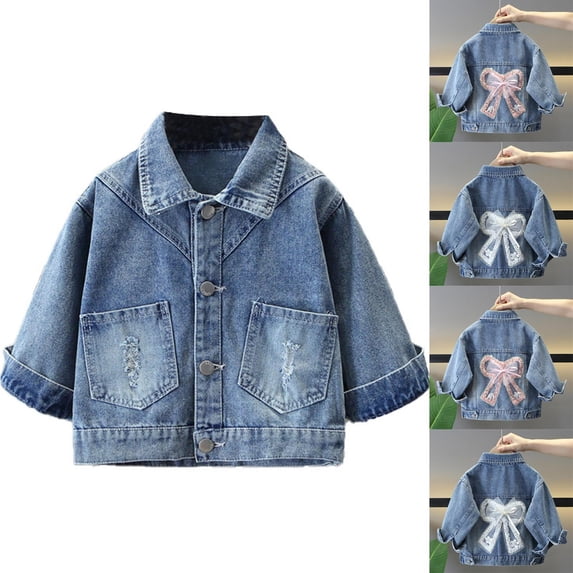 MKOSPLRT Girl's Ripped Flap Pocket Button Front Long Sleeve Collared Denim Jacket with Lace Bow 1-13 Years Kids Fashion Jacket under $20
