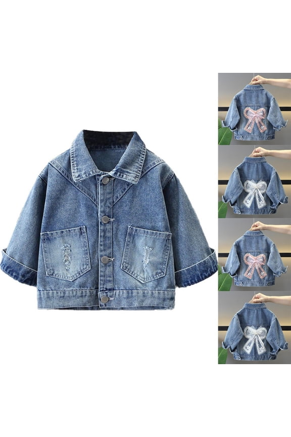 Girl's Ripped Flap Pocket Button Front Long Sleeve Collared Denim Jacket with Lace Bow 1-13 Years Kids Fashion Jacket under $20