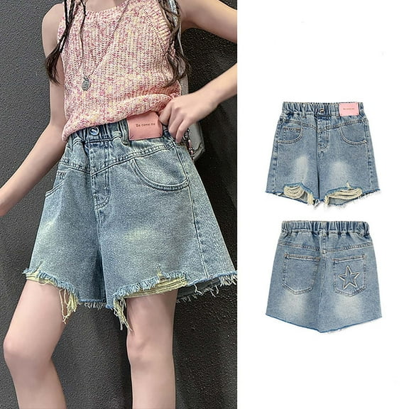 MKOSPLRT Girl's Ripped Tassle Hem Denim Shorts High Waisted Straight Leg Summer Jeans Shorts Distressed Jeans with Pocket 4-14 Years