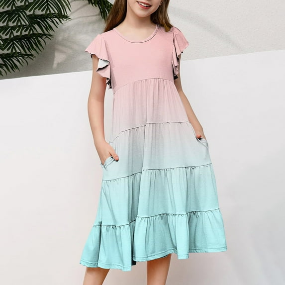 MKOSPLRT Girl's Summer Dresses Ruffle Sleeve Tiered Swing Midi Casual Sundress Cute Gradient Flower Girls Dress with Pockets Savings Kids Clothes
